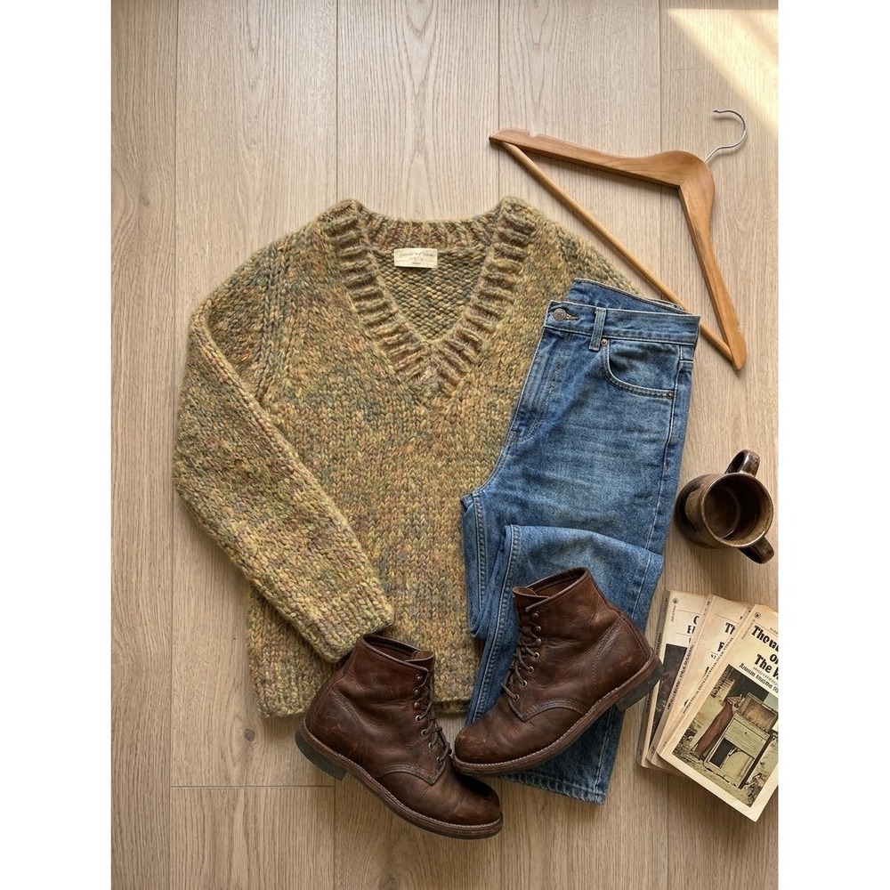 Vintage Handmade Chunky Knit V-Neck Sweater Marled Earth Tones Wool Blend M/L